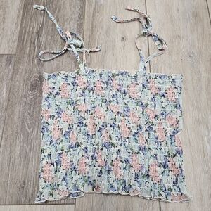 JC Penney Fashions Vintage Smocked Sheer Tank Top Floral Tie Women's Medium